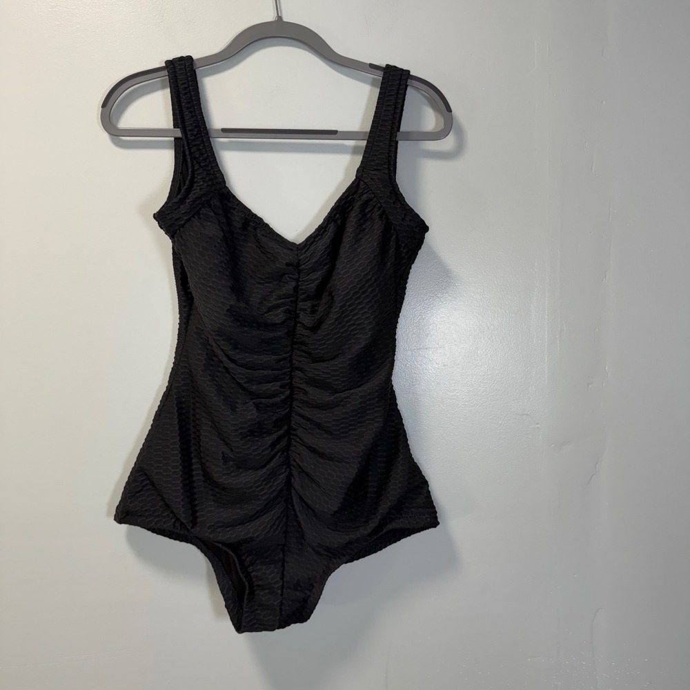 Maxine of Hollywood Black Textured Ruched One Piece Swimsuit Large